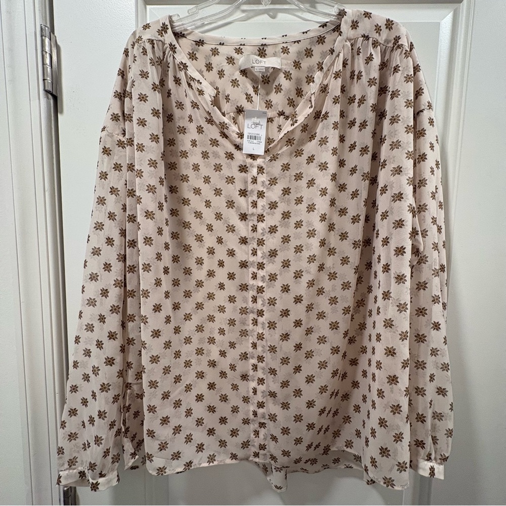 LOFT Light Pink Blouse with Brown Floral Print